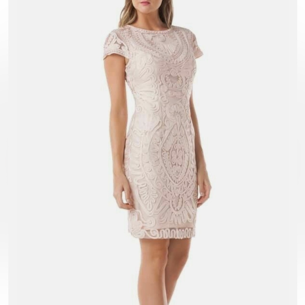 JS Collections Embroidered Cap Sleeve Soutache Sheer Mini Dress